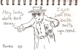 Man in shades offering bath salts for sale