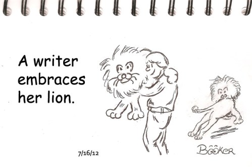 A writer embraces her lion