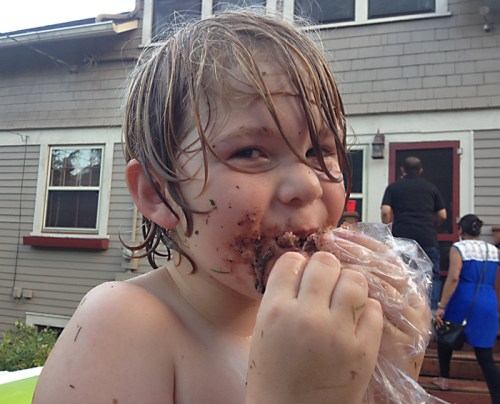 Homemade ice cream sandwich on a hot afternoon after a cookout and water slide.
