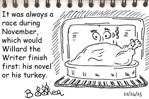 At least during this National Novel Writing Month, Willard remembered to thaw the bird before trying to bake it.