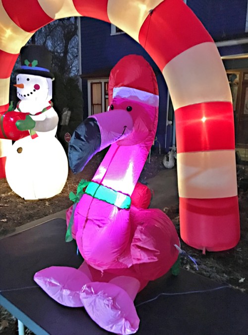 Nothing says Christmas quite like an inflatable pink flamingo in a red cap.